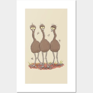 Funny Australian emu trio cartoon illustration Posters and Art